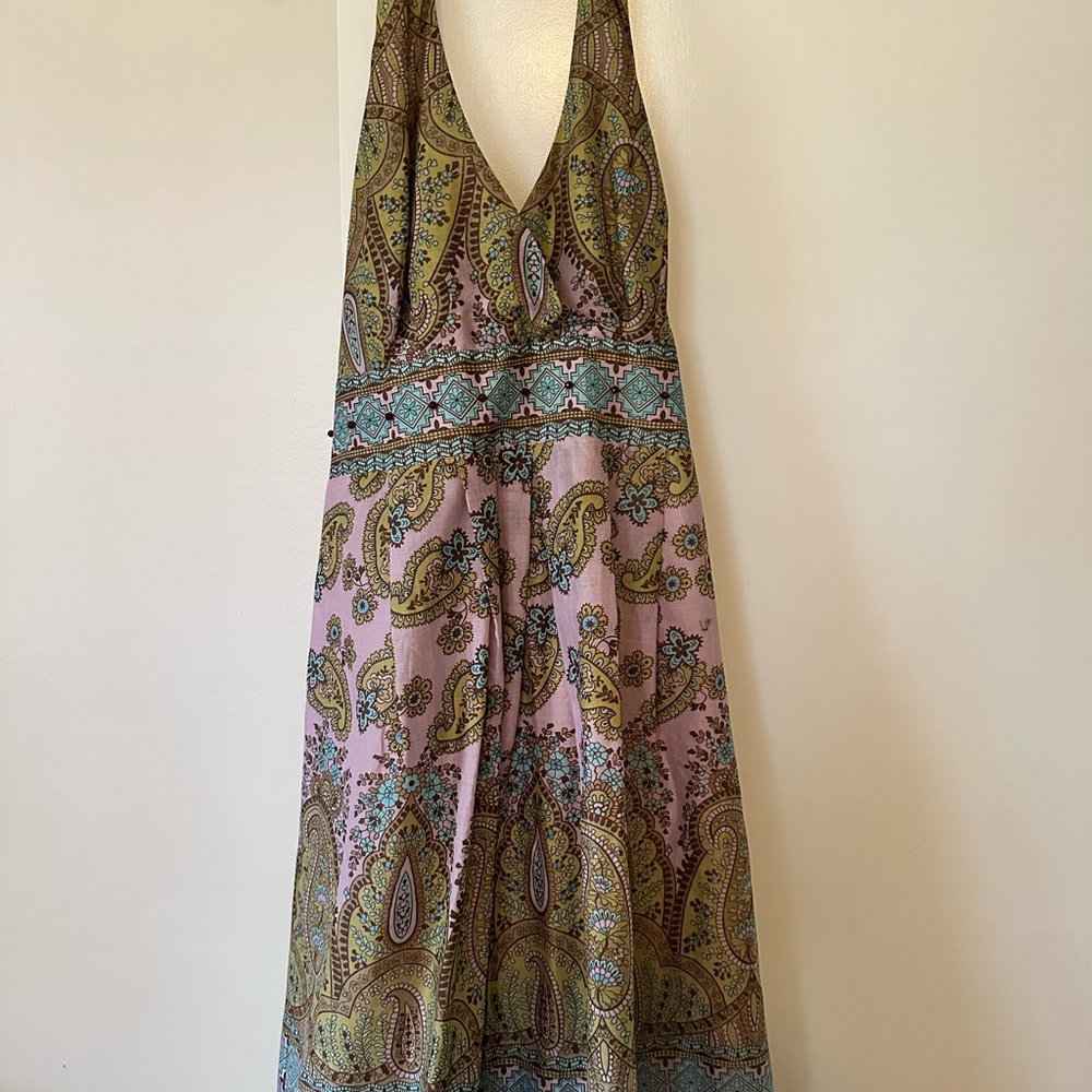 Sundance Backless Paisley Halter Dress in Pink, Olive & Teal